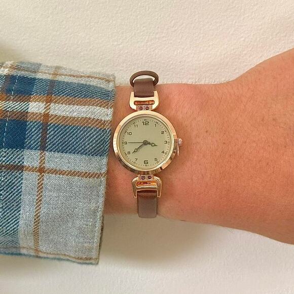 Y2K Rose Gold Quartz Watch with Taupe Leather Strap Unisex 8.5" New - Picture 1 of 5